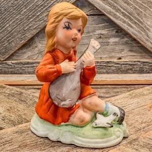 Vintage Royal Coronet, Porcelain Girl Playing Mandolin on Grass w/ Bird, 4” Tall